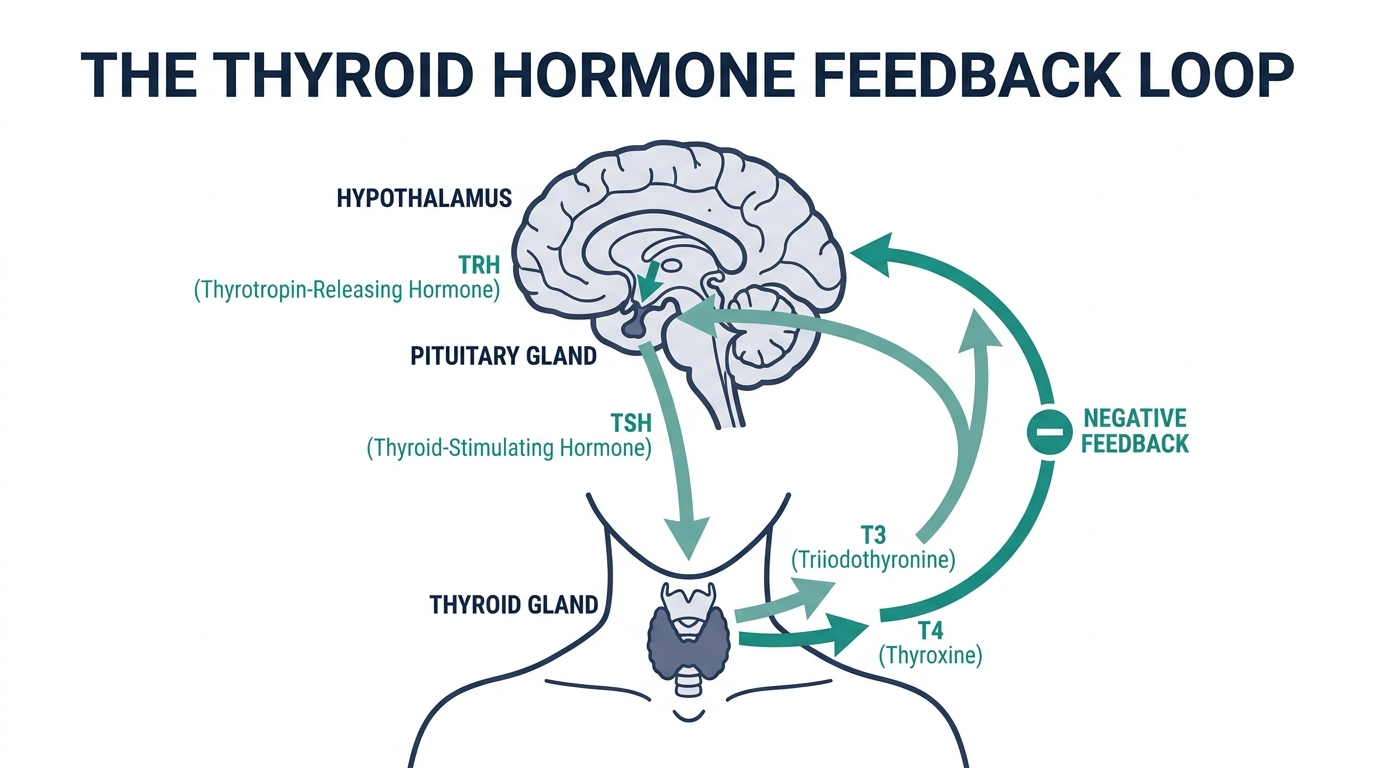 Diagram of the thyroid hormone feedback loop between the hypothalamus, pituitary, and thyroid gland