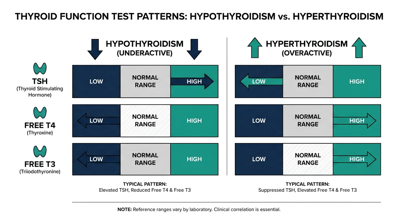 Comparison chart of reference-range bars for TSH, Free T4, and Free T3 showing patterns for hypothyroidism versus hyperthyroidism