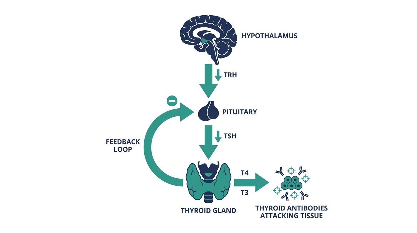 Diagram of the hypothalamic-pituitary-thyroid axis showing TRH, TSH, T4, T3, and thyroid antibodies