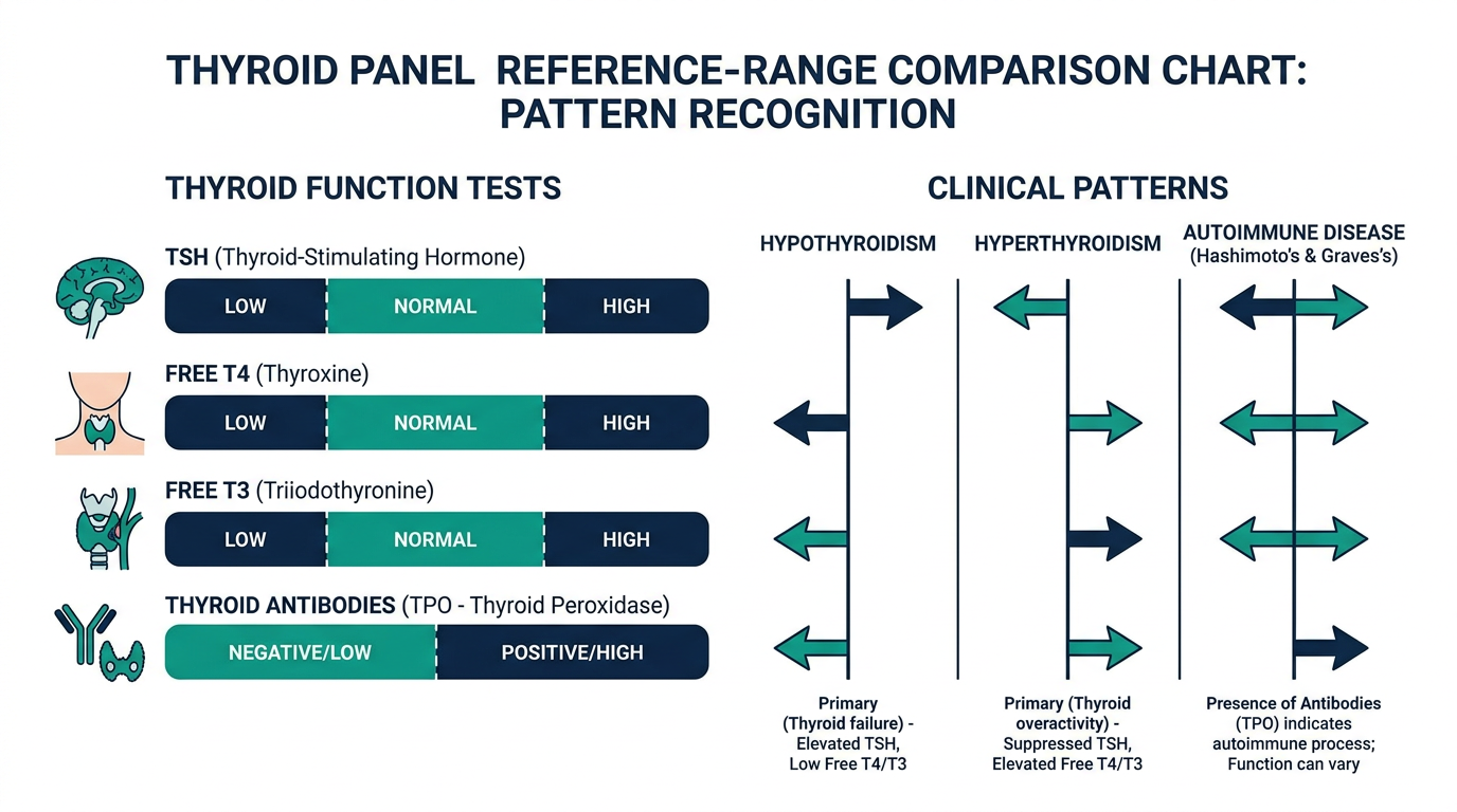 Schematic chart comparing TSH, free T4, free T3, and thyroid antibody reference bands