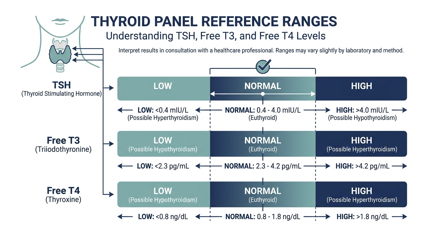 Reference range chart for TSH, Free T3, and Free T4 with low, normal, and high bands