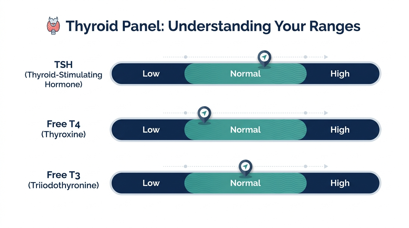 Schematic chart showing low, normal, and high reference bands for thyroid panel markers