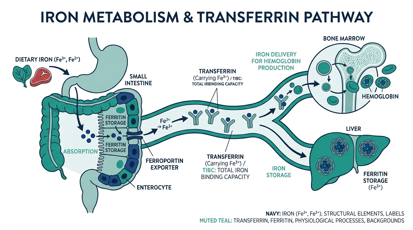Diagram of iron metabolism showing transferrin carrying iron through the bloodstream, related to Total Iron Binding Capacity (TIBC)