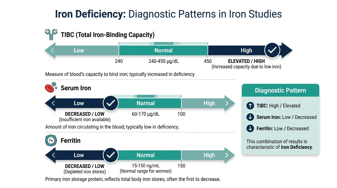 Comparison chart of reference-range bars for TIBC, Serum Iron, and Ferritin showing the pattern seen in iron deficiency