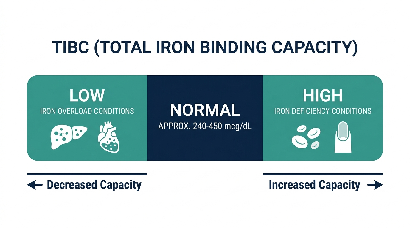 Reference range chart showing low, normal, and high TIBC bands linked to iron overload versus iron deficiency