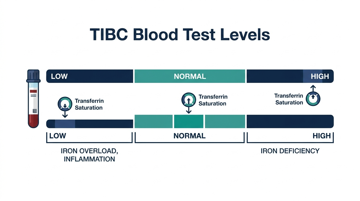 Schematic chart showing low, normal, and high TIBC blood test reference bands