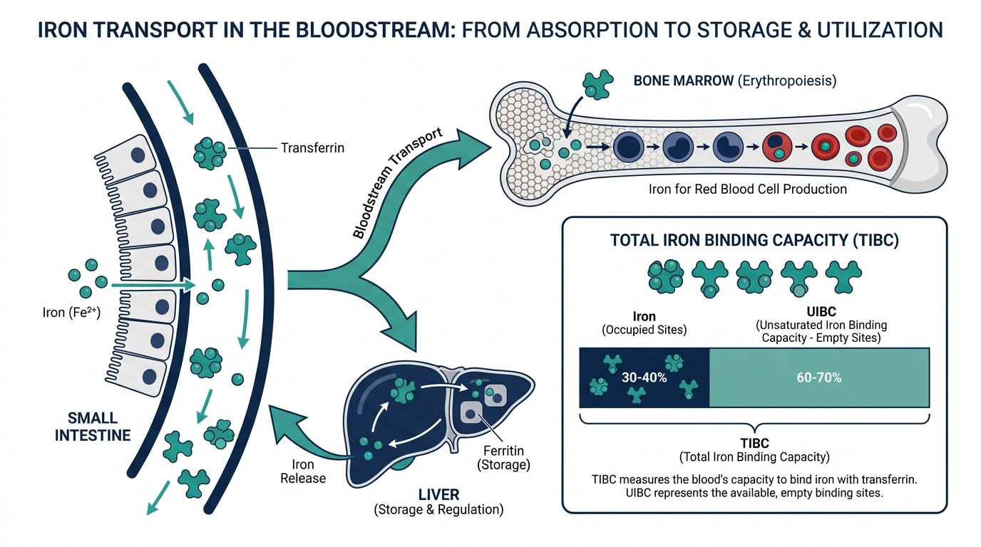 Diagram of transferrin protein carrying iron in the bloodstream, illustrating Total Iron Binding Capacity with occupied and empty binding sites