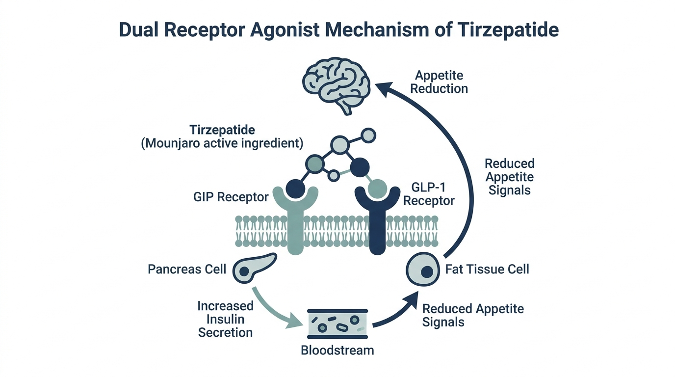 Diagram of tirzepatide acting as a dual GIP and GLP-1 receptor agonist