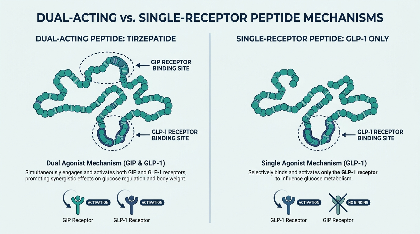 Molecular diagram comparing tirzepatide's dual GIP and GLP-1 receptor binding to a single-receptor GLP-1-only peptide