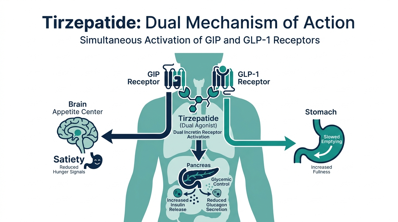 Body diagram showing tirzepatide's dual mechanism acting on the pancreas, brain appetite center, and stomach