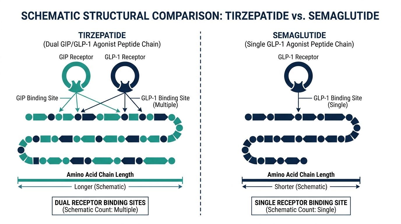 Schematic comparison of tirzepatide and semaglutide peptide chains and receptor targets