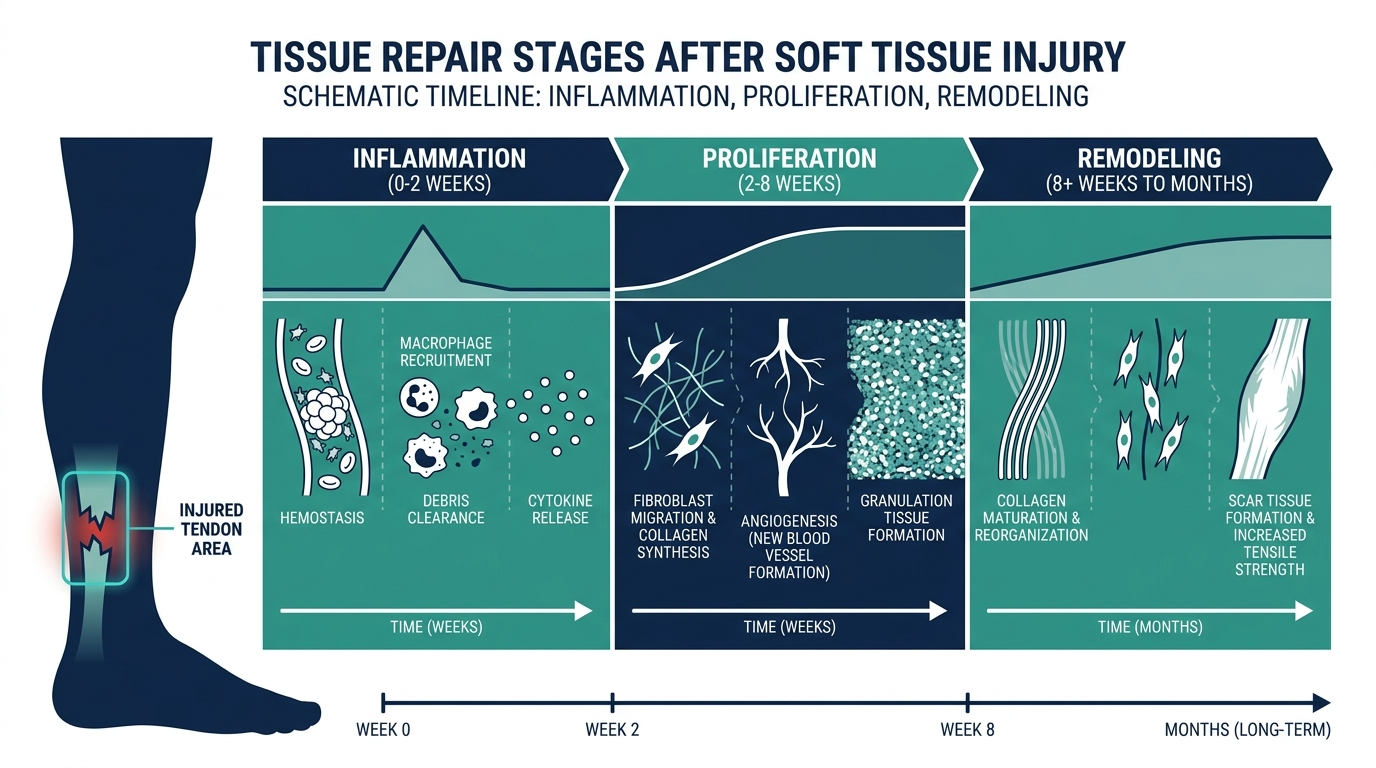 Timeline chart of tissue repair stages after soft tissue injury: inflammation, proliferation, and remodeling