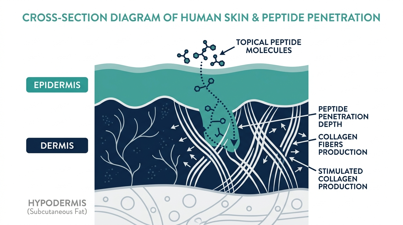 Cross-section diagram of skin showing topical peptides penetrating into the dermis and stimulating collagen