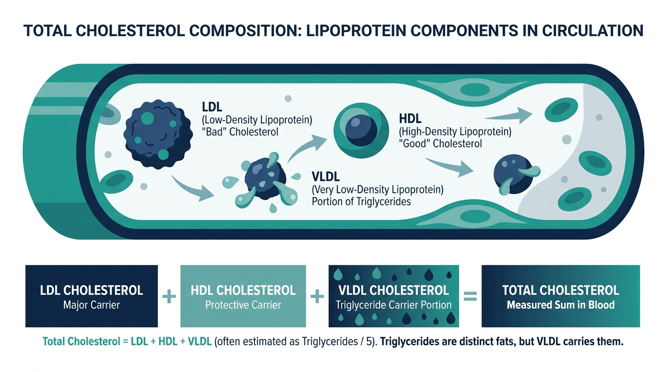 Diagram showing LDL, HDL, and triglycerides combining to make up total cholesterol in the bloodstream