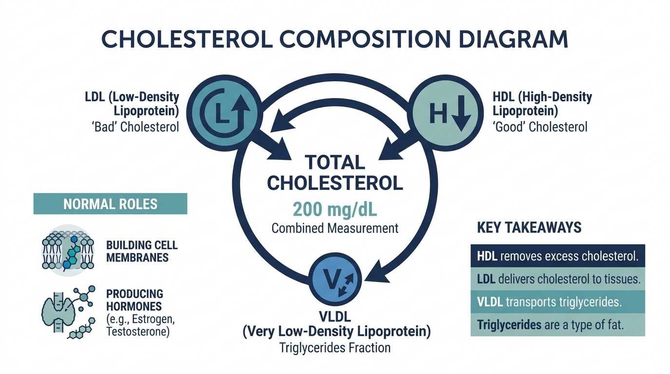 Diagram showing how LDL, HDL, and a portion of triglycerides combine to make up total cholesterol