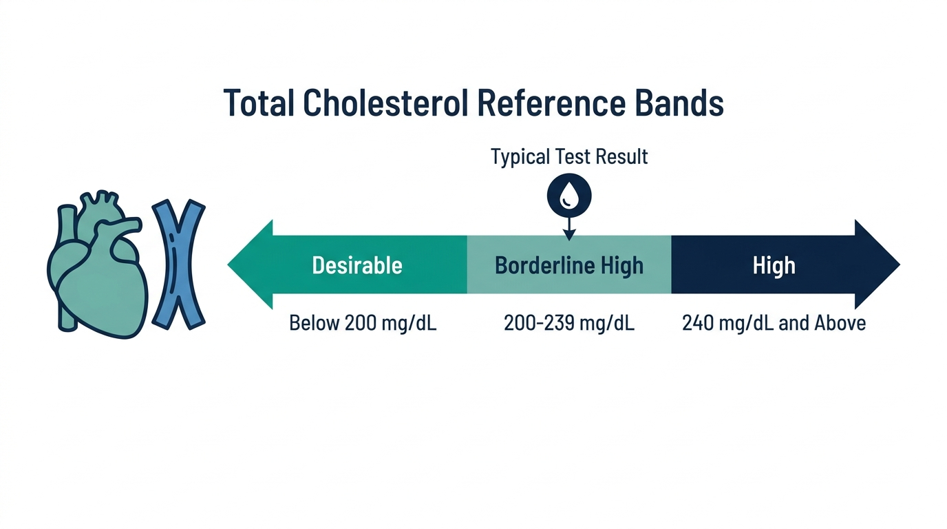 Schematic chart of total cholesterol reference bands from desirable to high