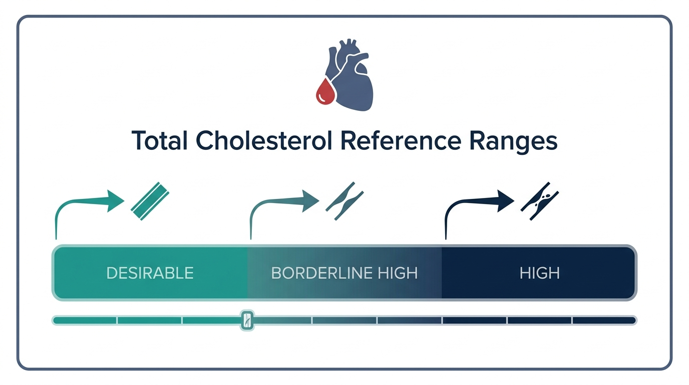 Schematic chart showing desirable, borderline high, and high category bands for total cholesterol blood test results