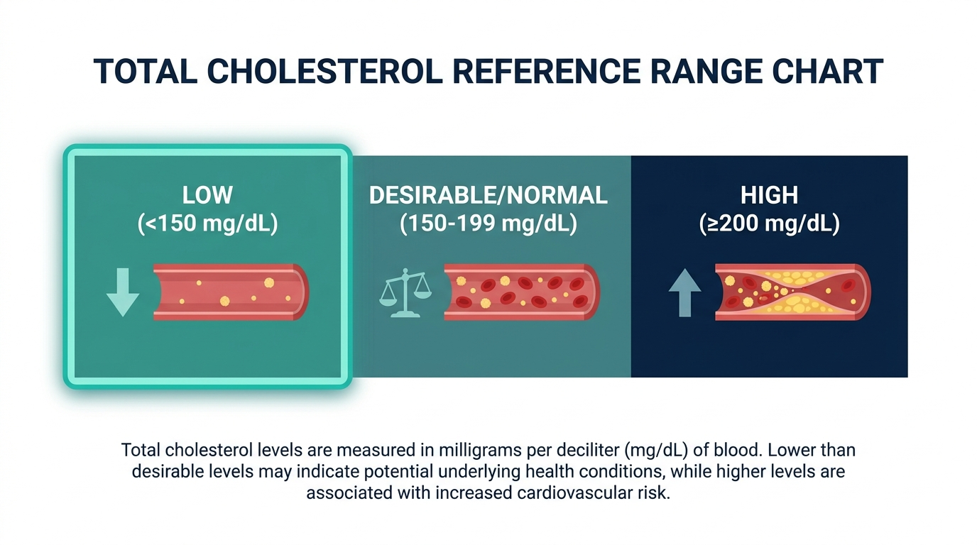 Schematic chart of total cholesterol reference ranges showing low, desirable, and high bands
