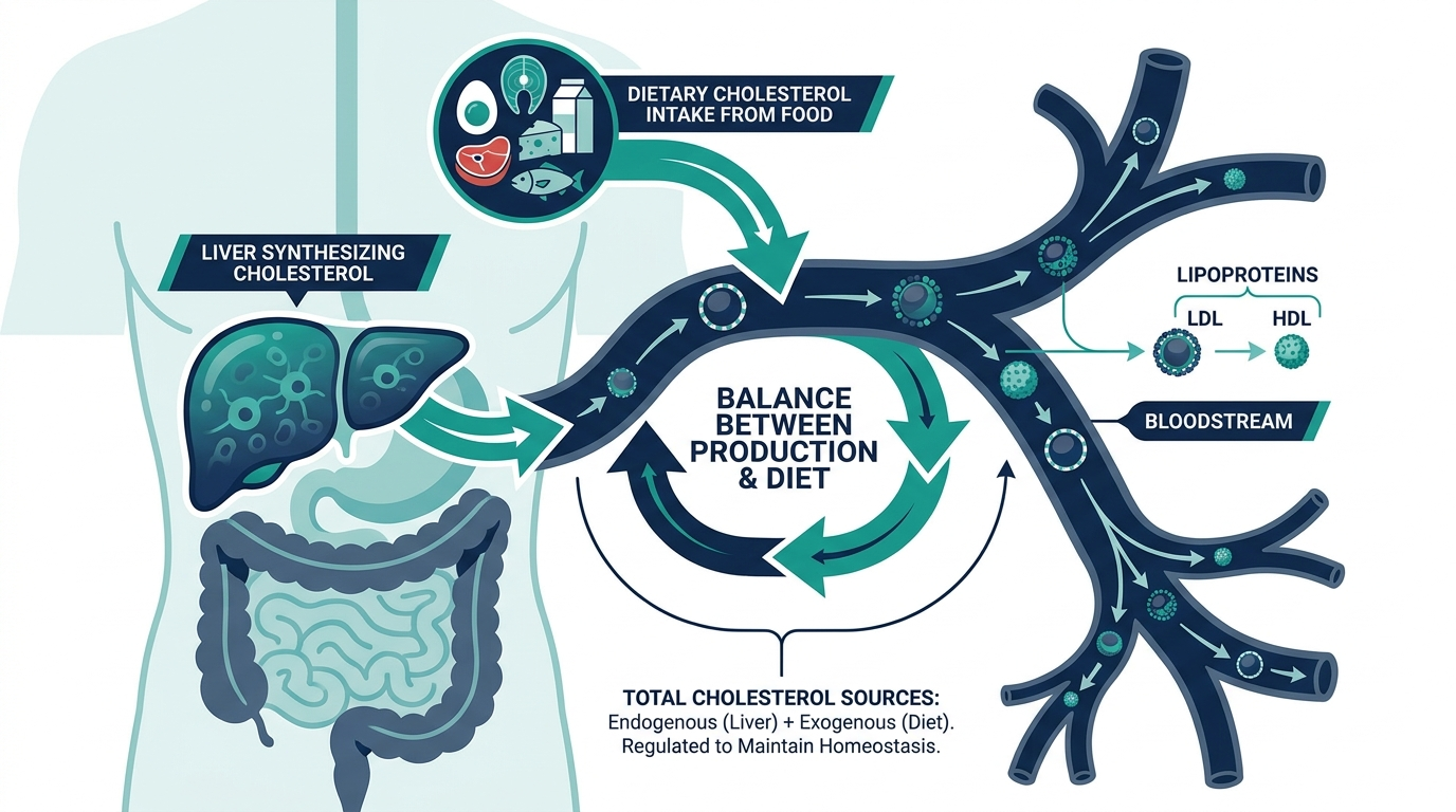 Diagram of total cholesterol sources showing liver synthesis, dietary intake, and lipoprotein transport in the bloodstream