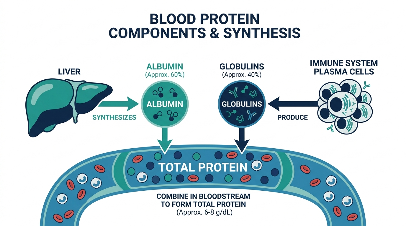 Diagram of total blood protein components showing albumin made by the liver and globulins made by immune cells