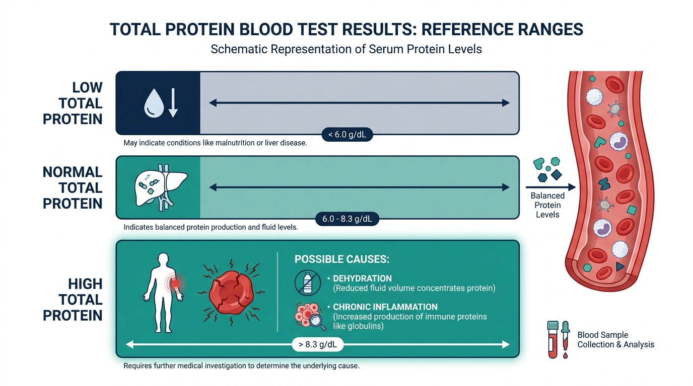 Schematic chart of total protein reference ranges showing low, normal, and high bands with the high band highlighted