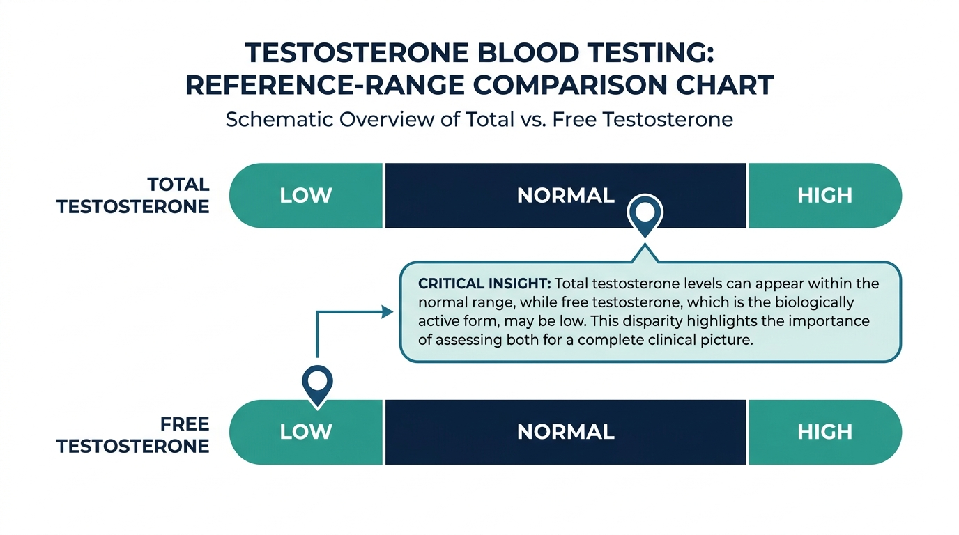 Schematic chart comparing total testosterone and free testosterone results across low, normal, and high bands