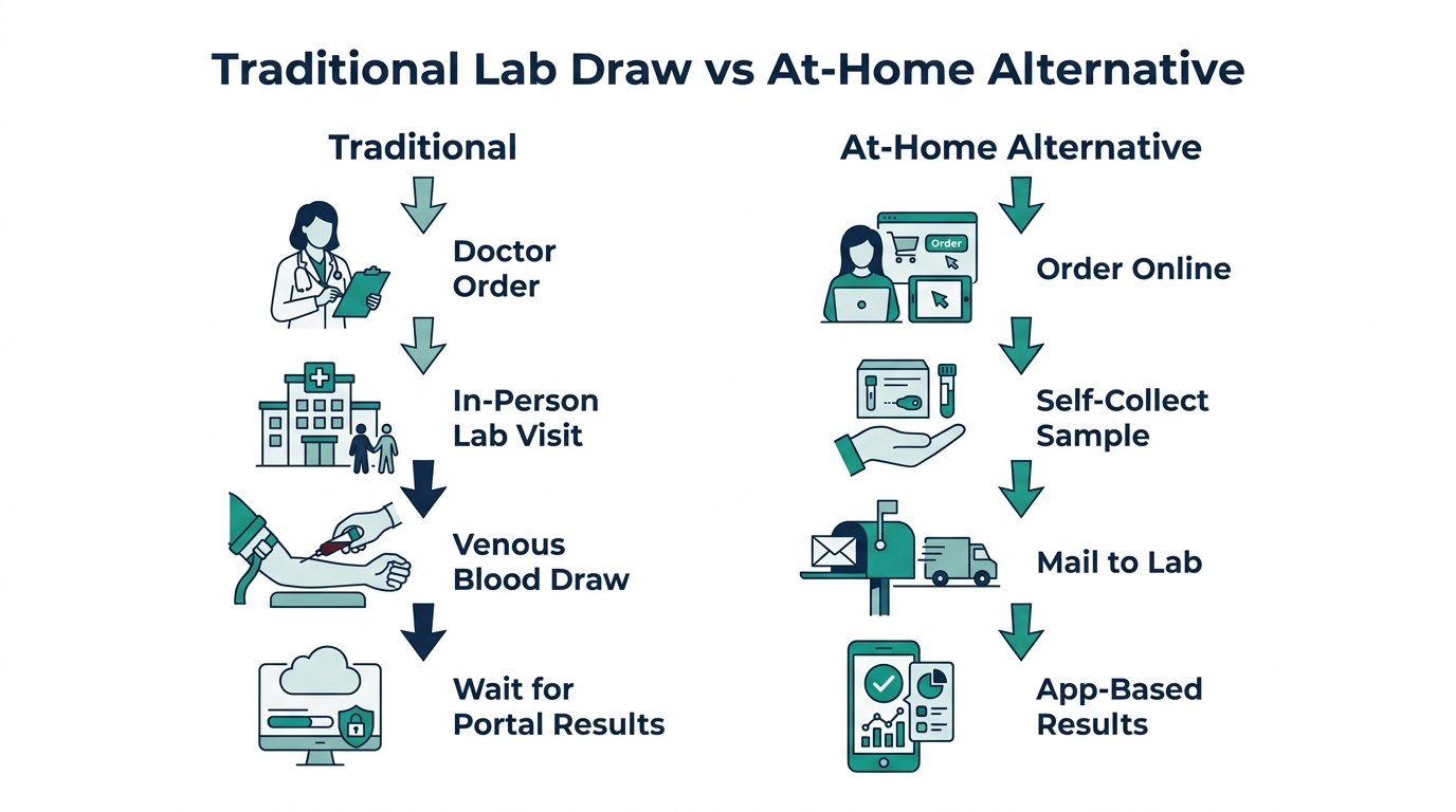 Flowchart comparing the traditional in-person lab draw process to an at-home testing alternative