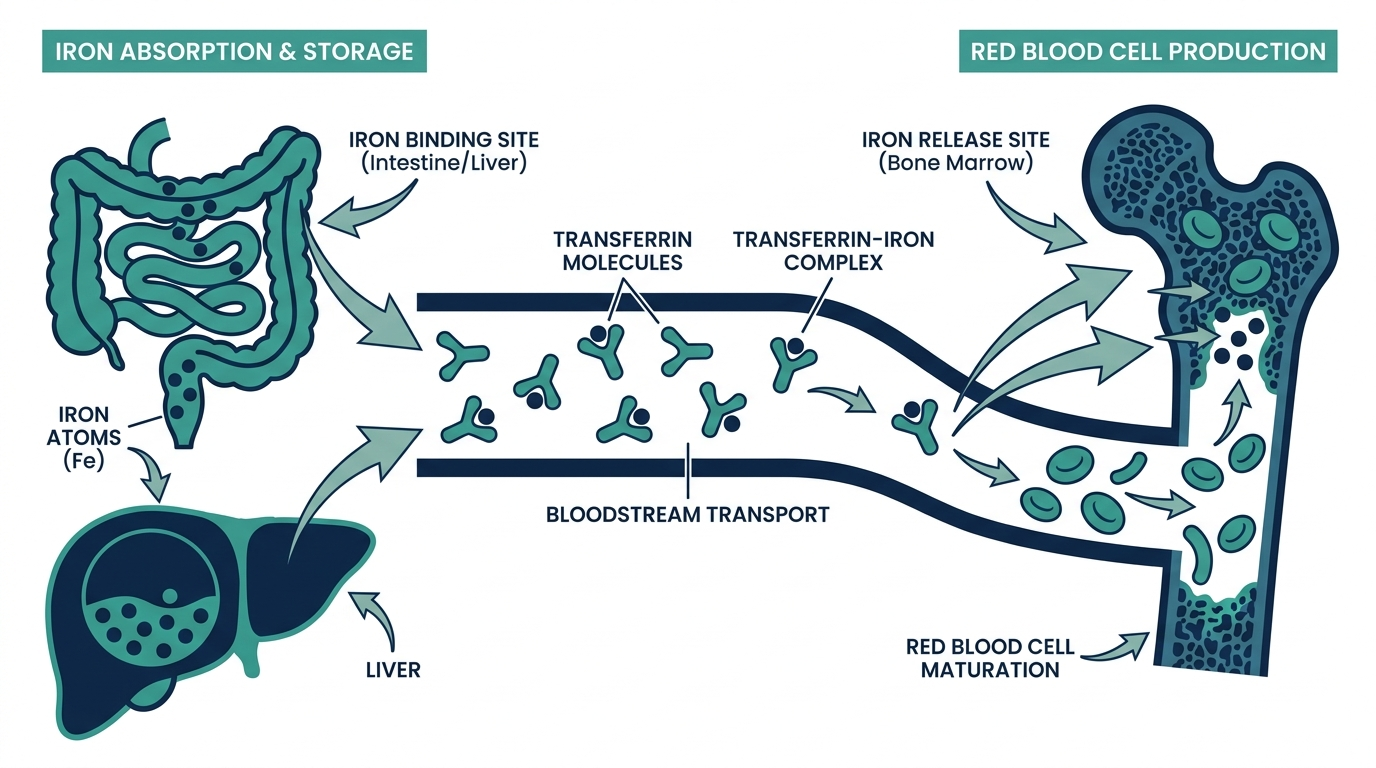 Diagram of transferrin transporting iron through the bloodstream to bone marrow