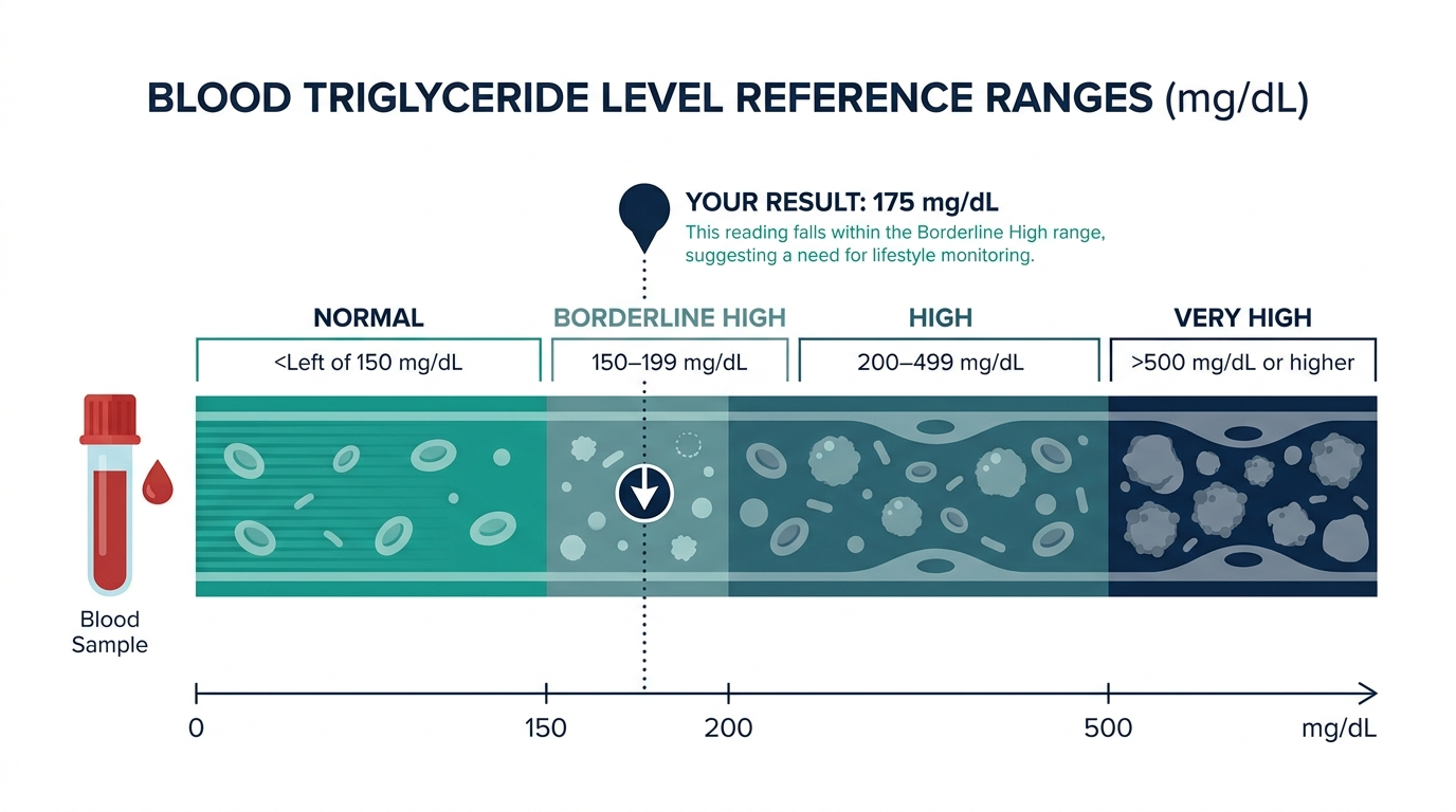 Reference range chart showing normal, borderline high, high, and very high triglyceride levels
