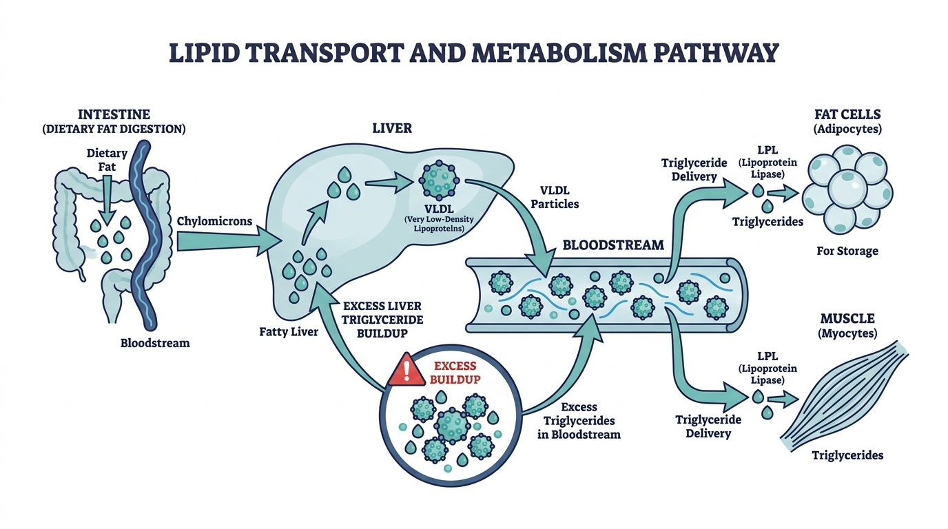 Diagram of triglyceride metabolism showing liver production, VLDL transport, and storage in fat cells