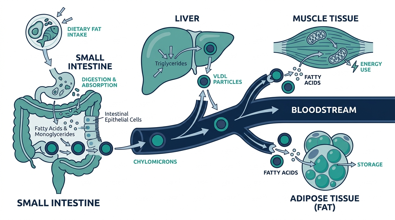Diagram of triglyceride metabolism showing dietary fat forming chylomicrons and liver VLDL particles delivering fatty acids to tissues