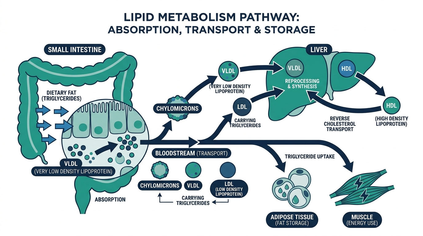 Diagram of lipid metabolism showing dietary fat absorption, lipoproteins carrying triglycerides, and delivery to liver and fat tissue