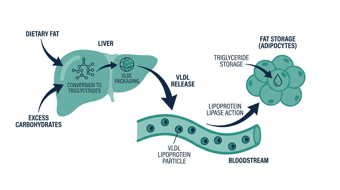 Diagram of the liver converting dietary fat and excess carbohydrates into triglycerides packaged as VLDL particles in the bloodstream