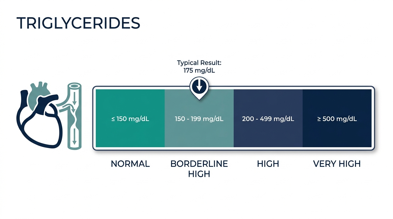 Schematic chart of blood triglyceride reference bands from normal to very high