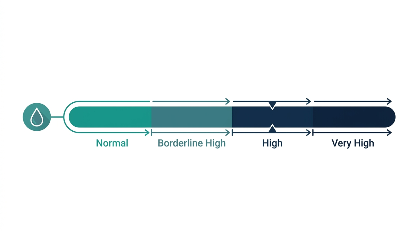 Schematic chart showing normal, borderline high, high, and very high category bands for triglycerides blood test results