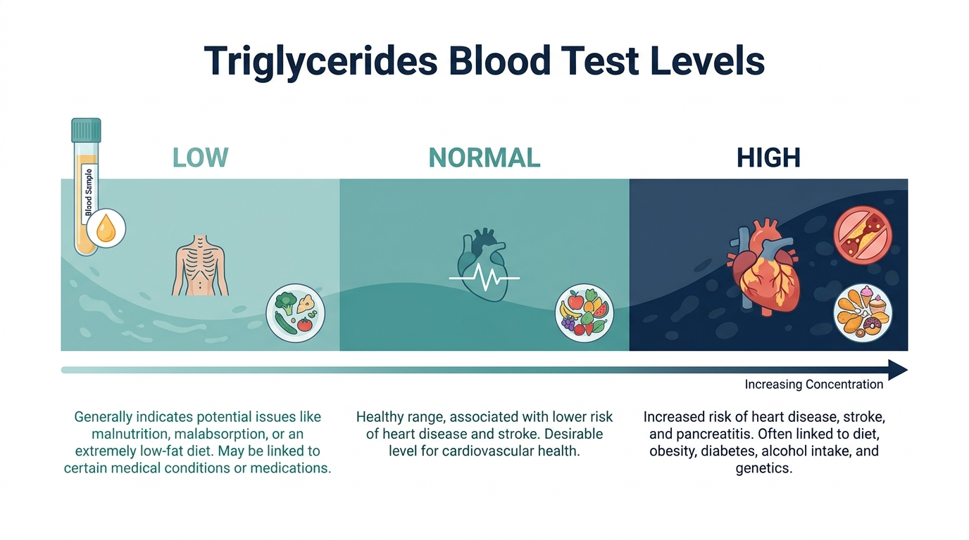 Schematic chart showing low, normal, and high triglycerides blood test reference bands