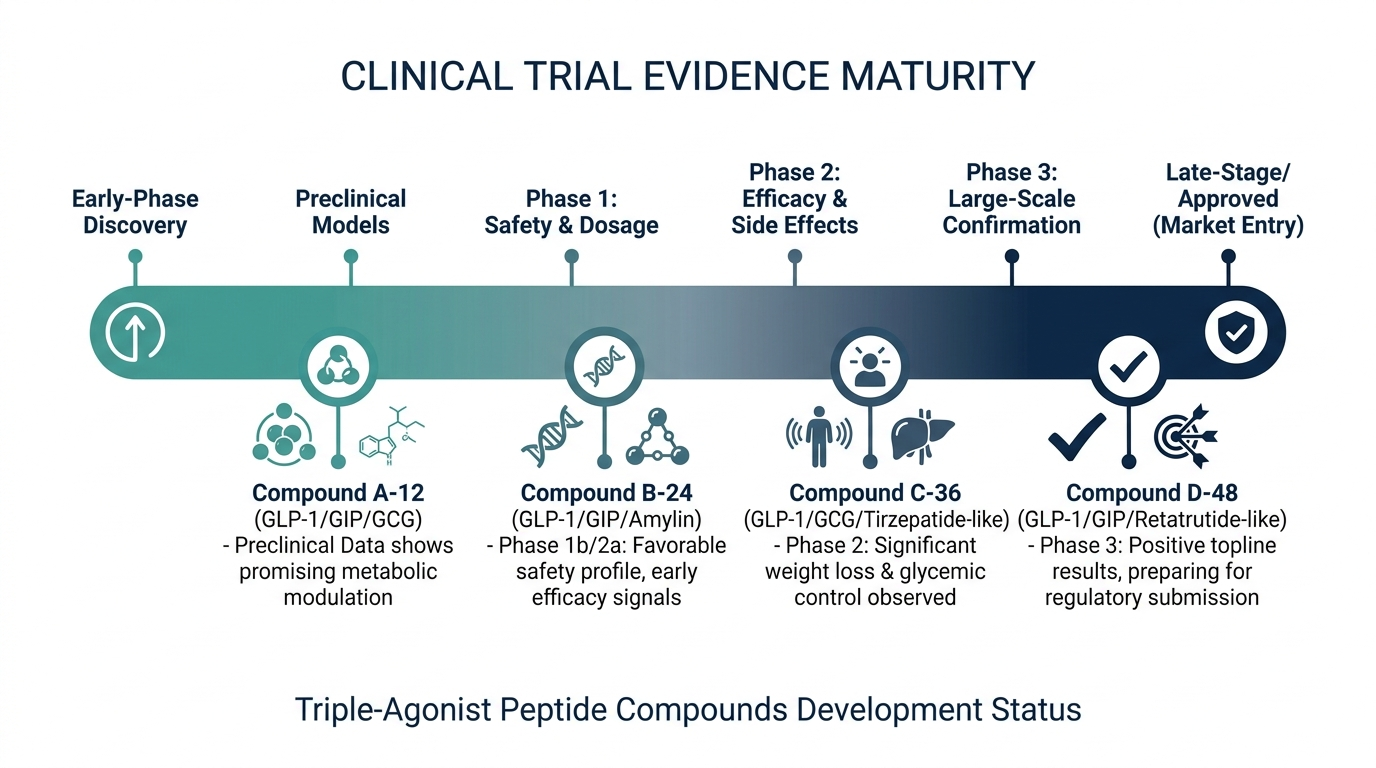 Chart showing relative clinical trial evidence maturity for different triple-agonist peptide compounds, from early-phase to late-stage