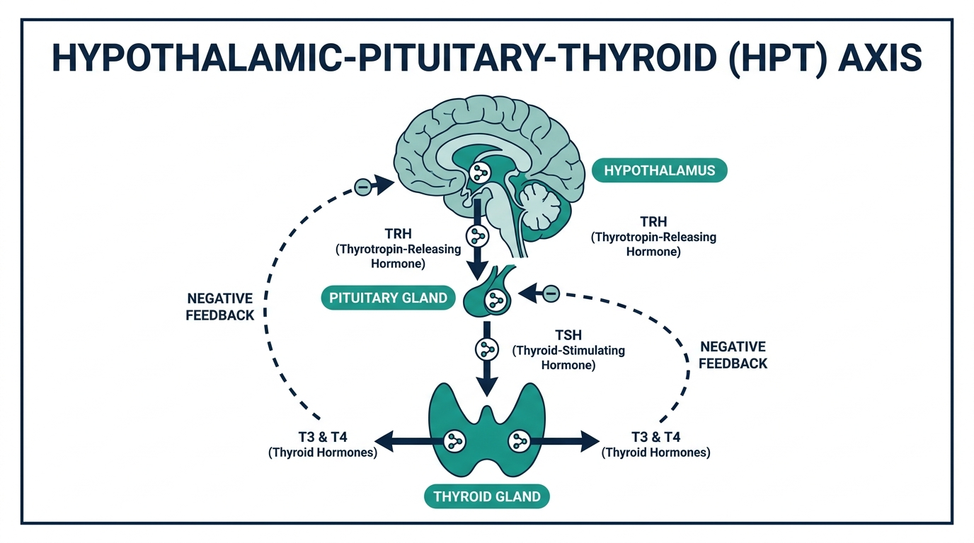 Diagram of the hypothalamic-pituitary-thyroid axis showing how TRH and TSH regulate thyroid hormone production