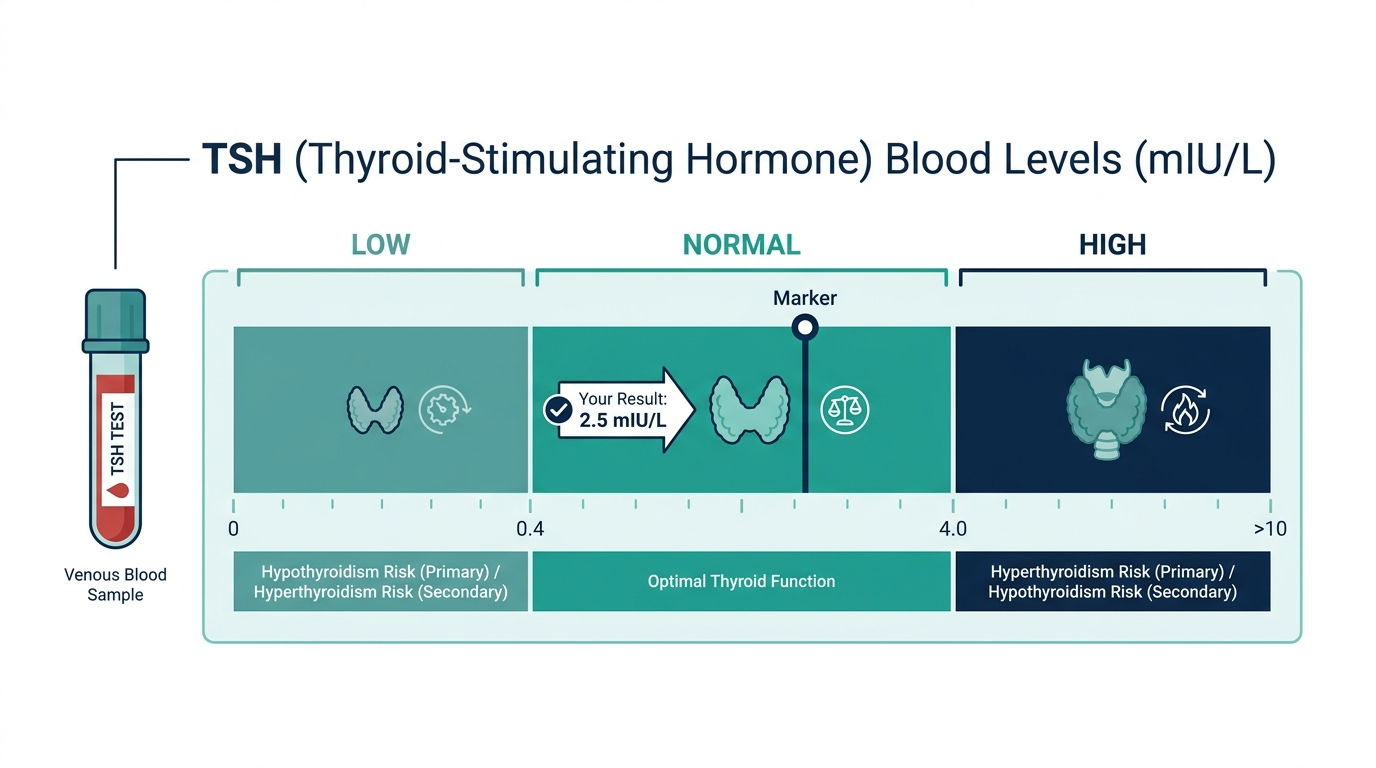 Reference range chart showing low, normal, and high TSH levels