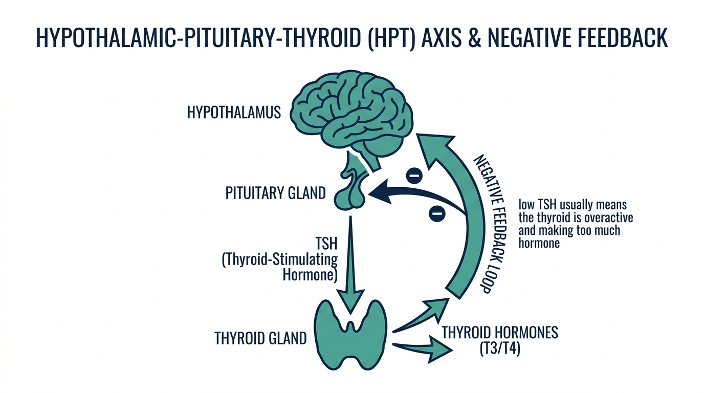 Diagram of the pituitary-thyroid feedback loop showing how high thyroid hormone suppresses TSH release