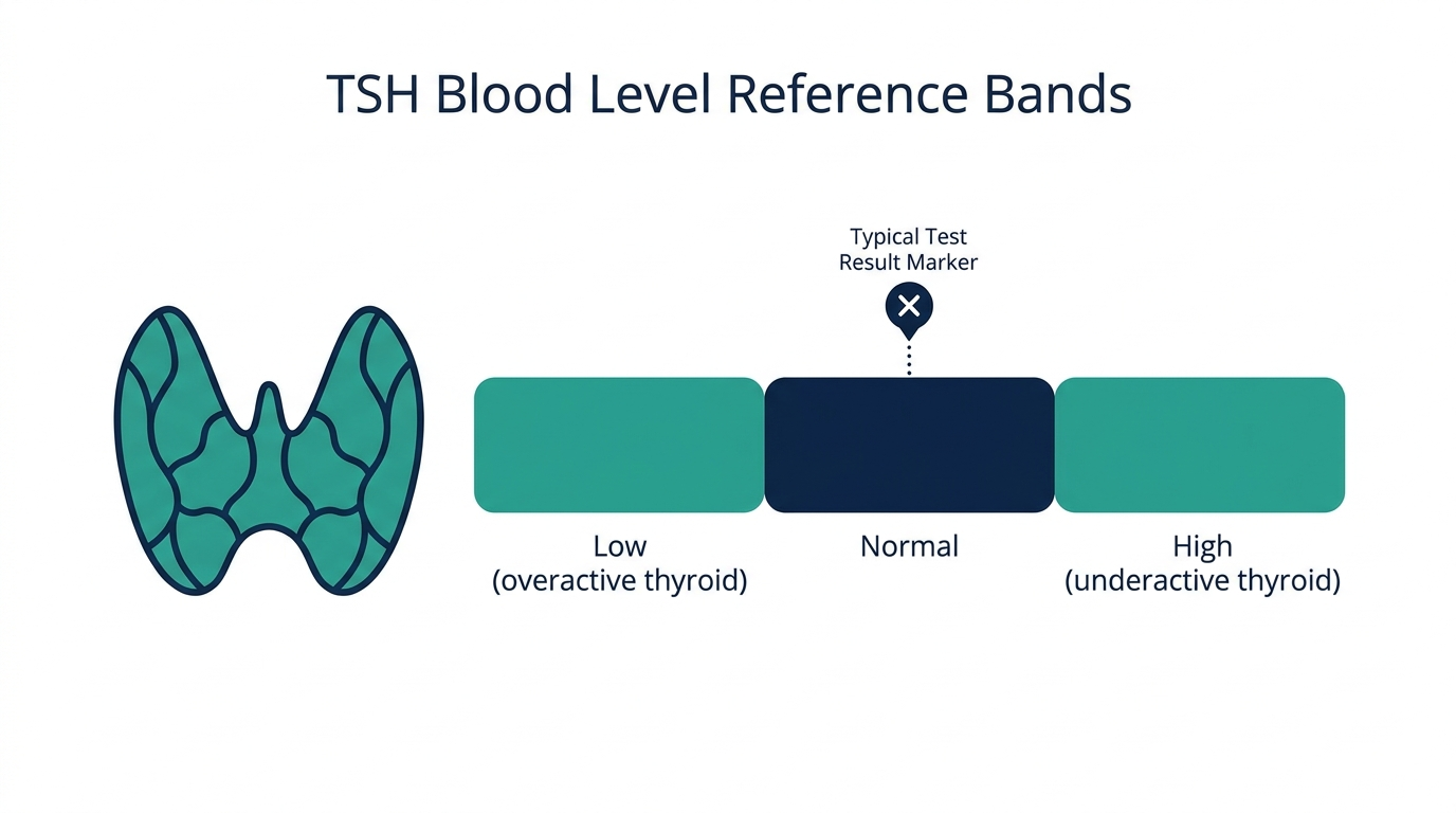 Schematic chart of TSH reference bands from low (overactive thyroid) to high (underactive thyroid)