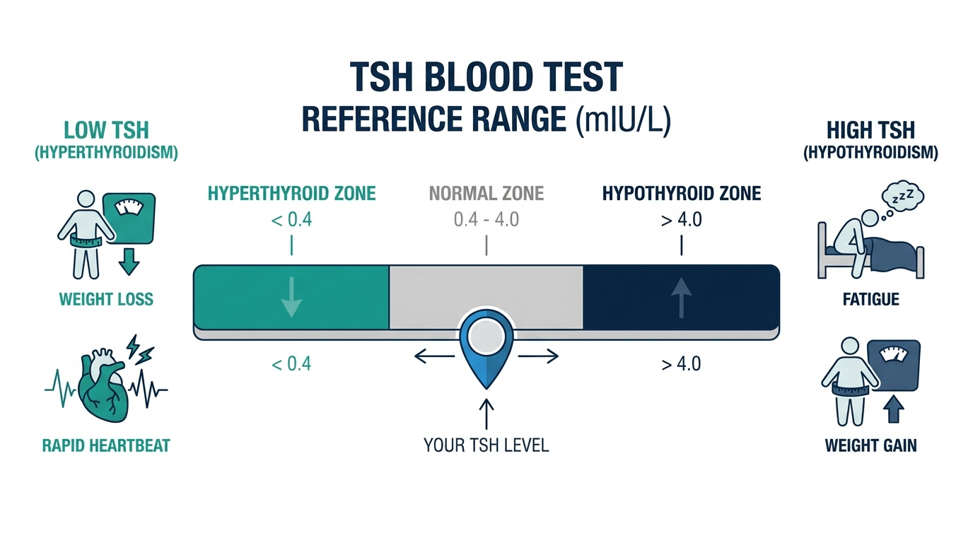 Schematic chart of TSH reference range bands showing low, normal, and high zones and associated thyroid symptoms