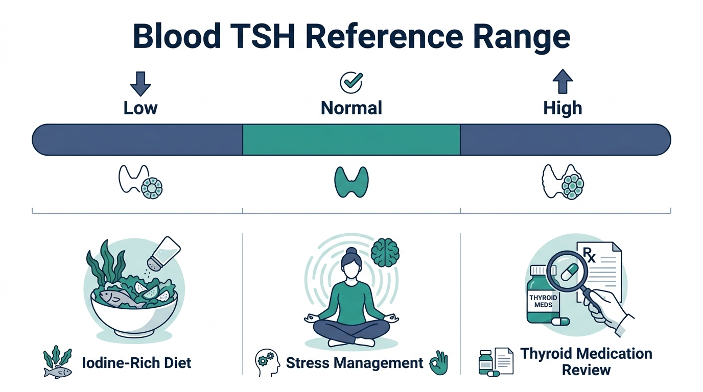 Schematic chart of low, normal, and high TSH bands with icons for diet, stress management, and medication review