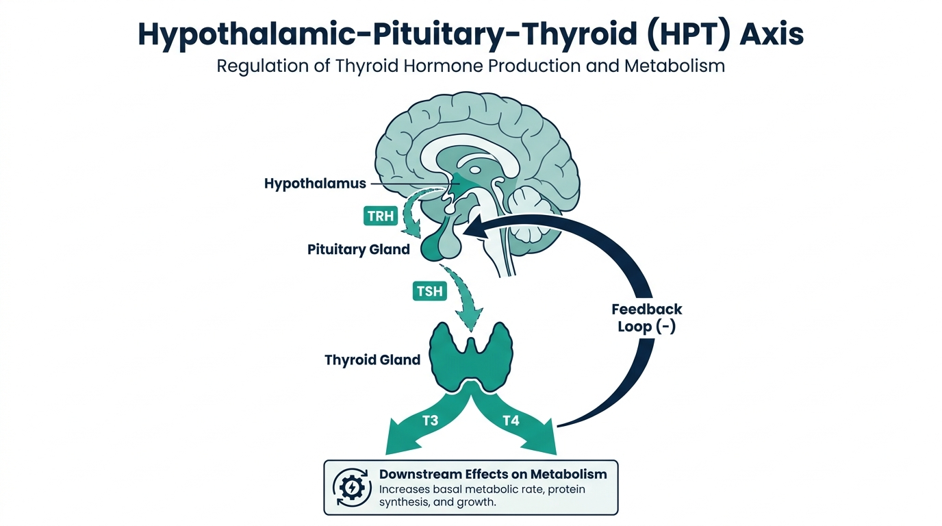 Diagram of the hypothalamic-pituitary-thyroid axis showing TRH, TSH, and thyroid hormone feedback regulating metabolism