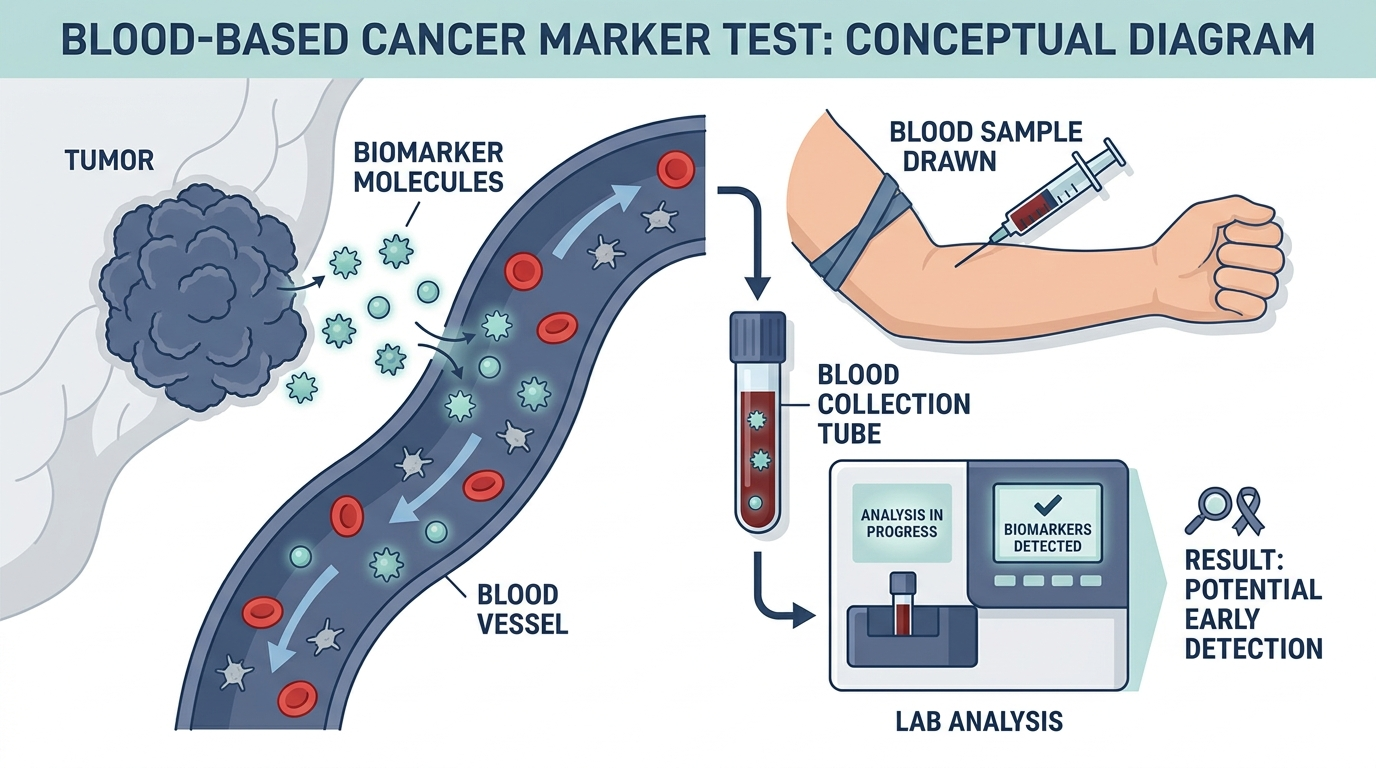 Diagram of a tumor releasing biomarker proteins into the bloodstream that are detected in a blood sample