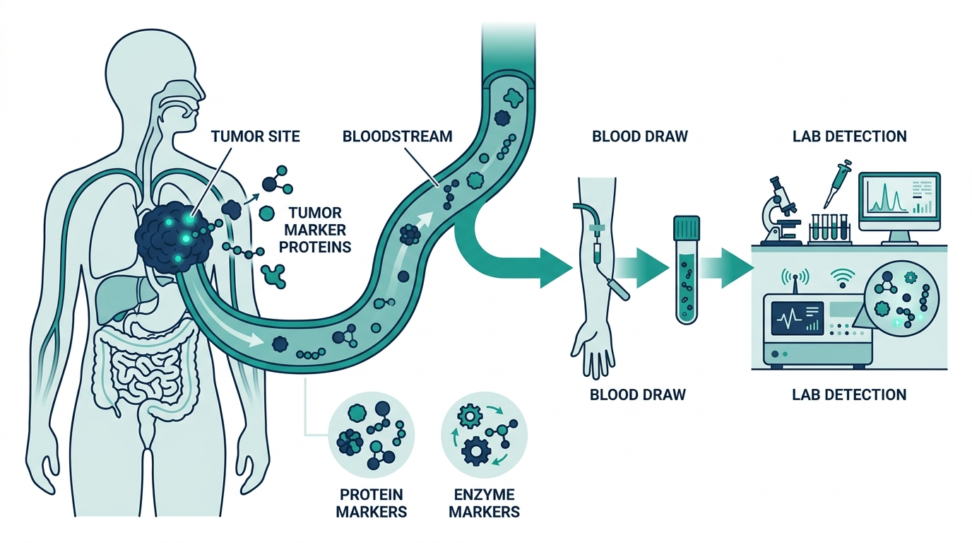 Diagram showing a tumor site releasing tumor marker proteins into the bloodstream, detected through a blood draw and lab test