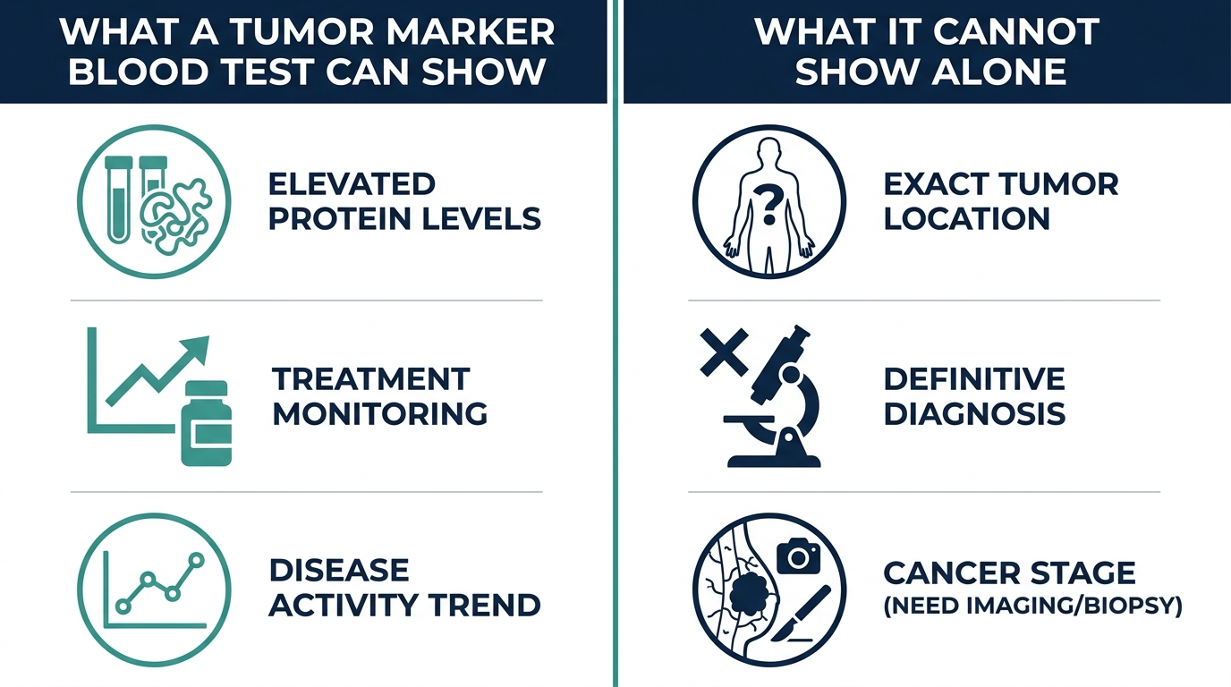Two column comparison chart of what a tumor marker blood test can show versus what it cannot show without imaging or biopsy