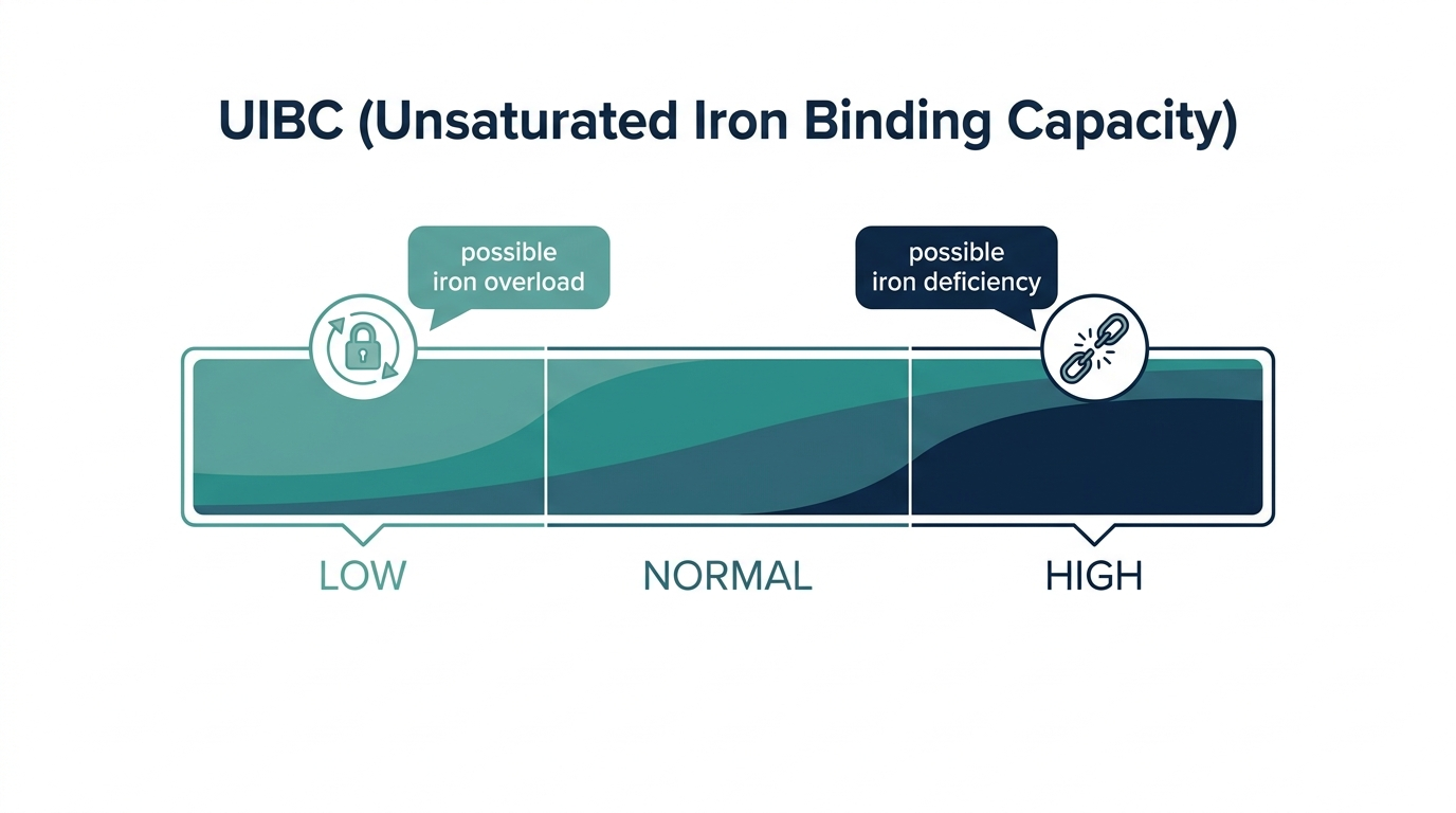 Schematic gauge chart showing UIBC results from low through normal to high with related iron status flags