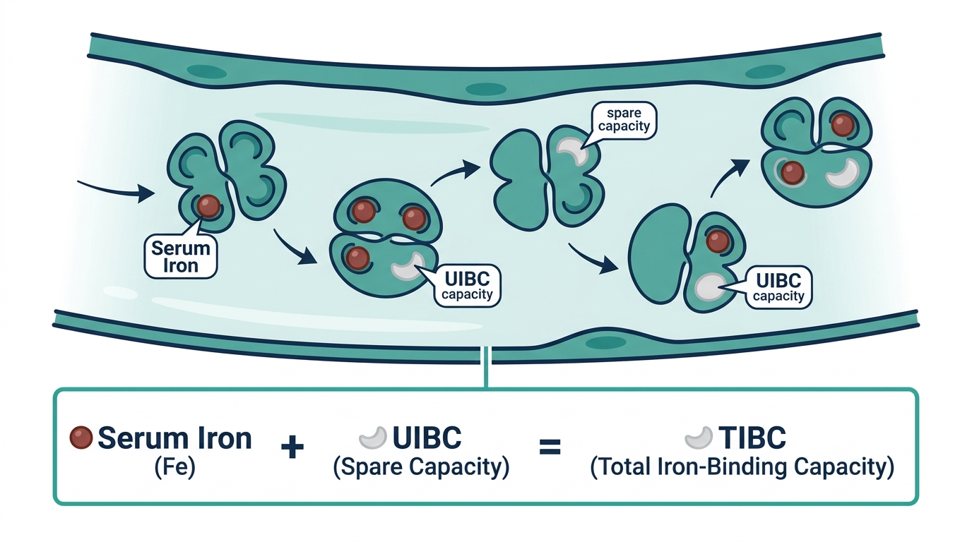 Diagram of transferrin molecules in blood showing bound serum iron sites and empty UIBC spare capacity sites, with the TIBC formula