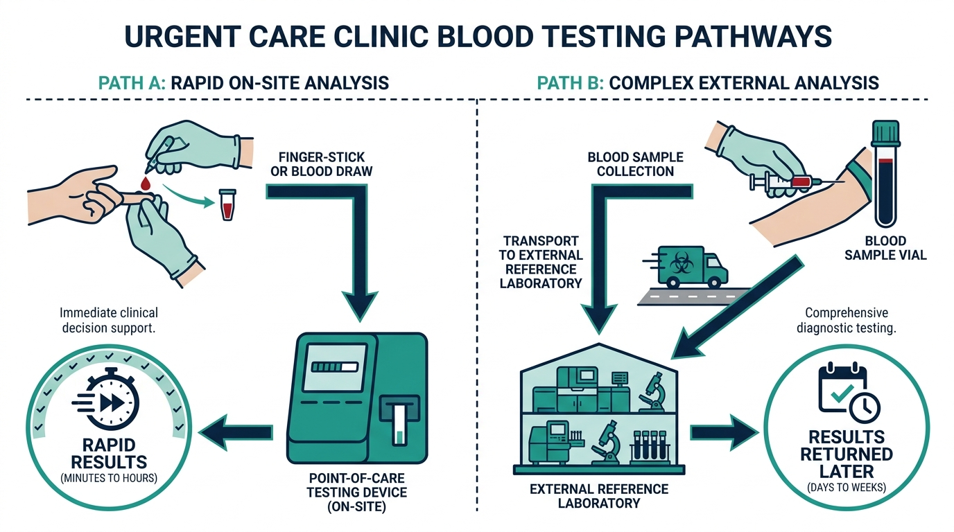 Diagram of two blood testing pathways at urgent care: on-site point-of-care testing versus send-out to an external lab